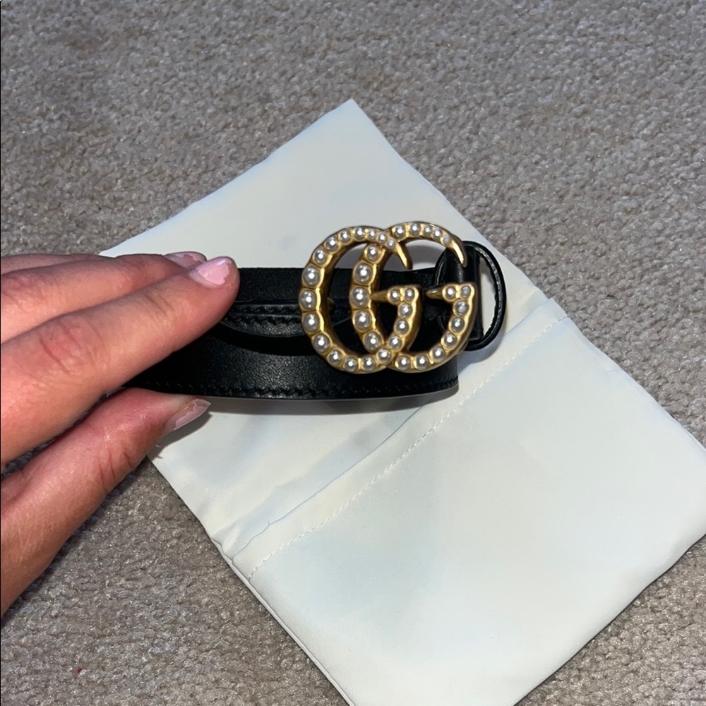 Gucci Black Belt with Pearl Accents